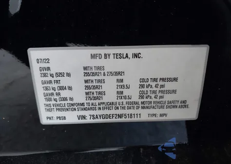 2022 Tesla Model Y Performance Dual Motor All-Wheel Drive z USA, uszkodzony, nr VIN 7SAYGDEF2NF518111